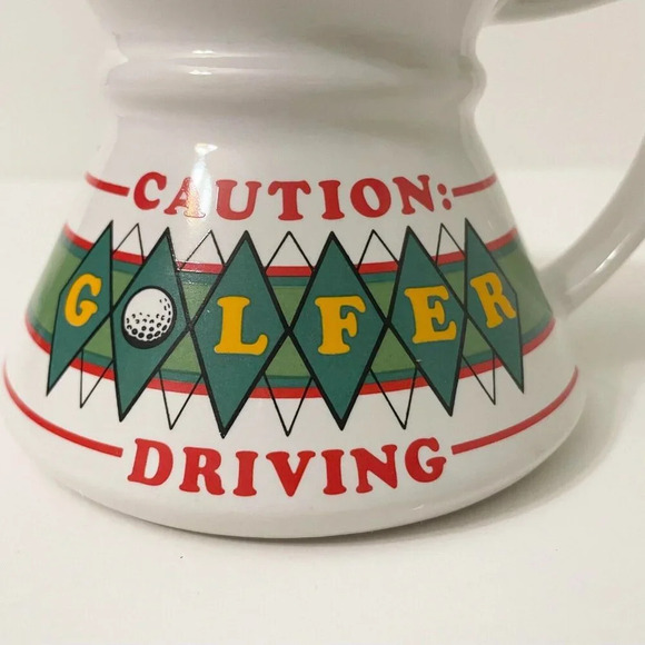 Vintage No Spill  Non Slip Wide Bottom Coffee Mug Caution Golfer Driving - Picture 2 of 16